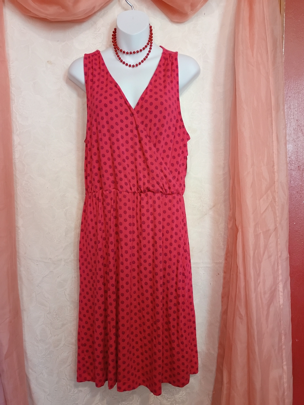 Old Navy Ladies Sleeveless V-Neck Pink Polka Dot Midi Dress Sz Lg